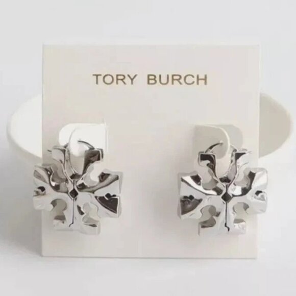 Tory Burch Roxanne Oversized Hidden Earrings in Silver Tone - Picture 2 of 3